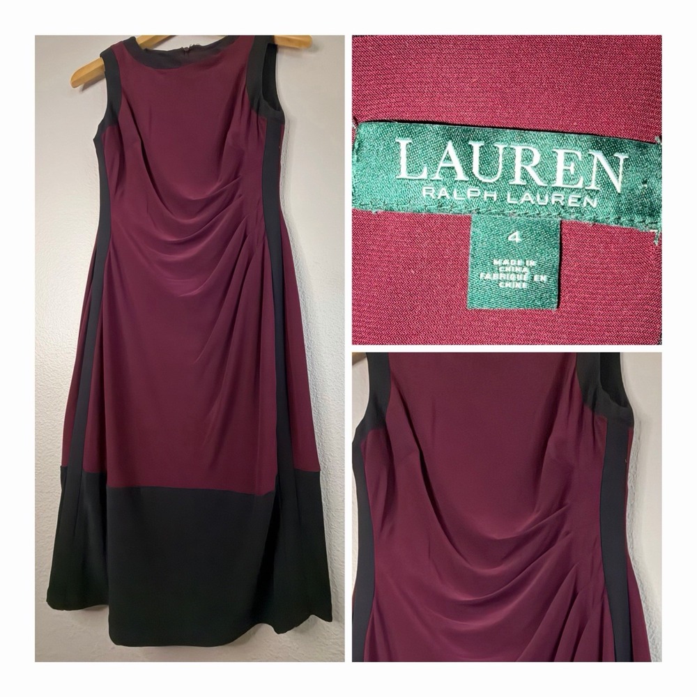 Lauren Ralph Lauren Dress 4 Burgundy Black Colorblock Sleevless Fit Flare Career